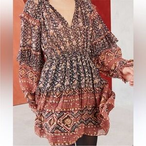 Ulla Johnson Silk Erisa Dress in Midnight Mini Sleeves Floral Print Size 0